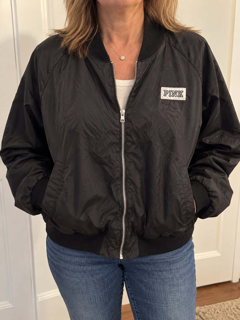 VTG Victoria Secret PINK Laurel Wreath Varsity Bomber Jacket Black Sz Large L55